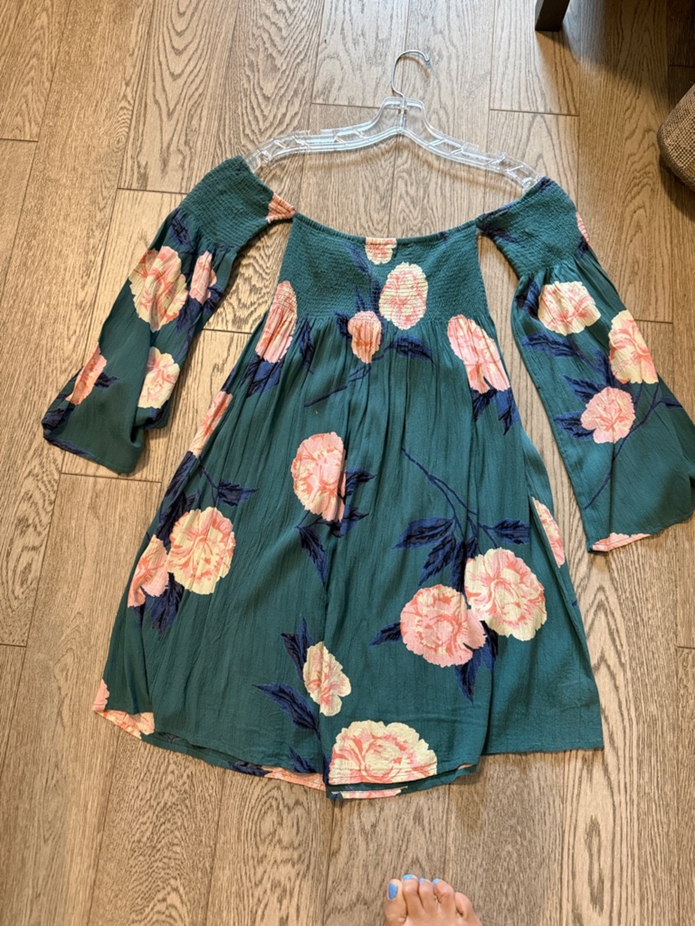 Billabong Teal Green Off-Shoulder Mini Dress with Pink Floral